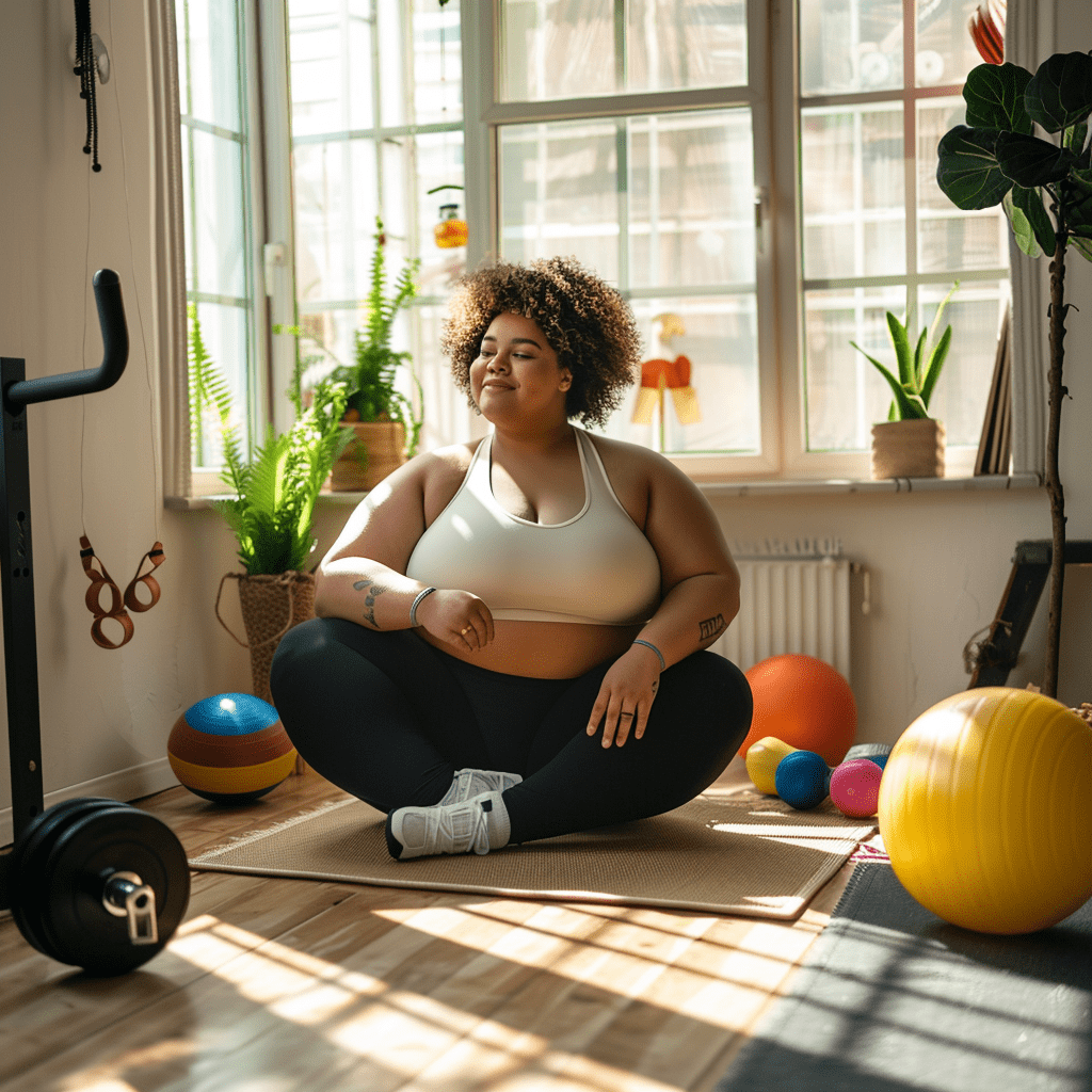 plius dydžio moteris ruošiasi treniruotei namuose